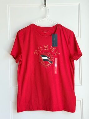 Tommy Hilfiger Red Crewneck Logo Tee with Gold Accent